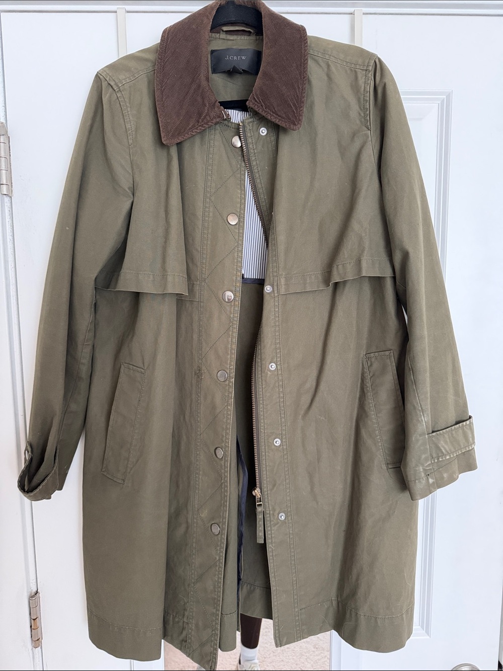 J. Crew Olive Trench Coat with Brown Corduroy Collar